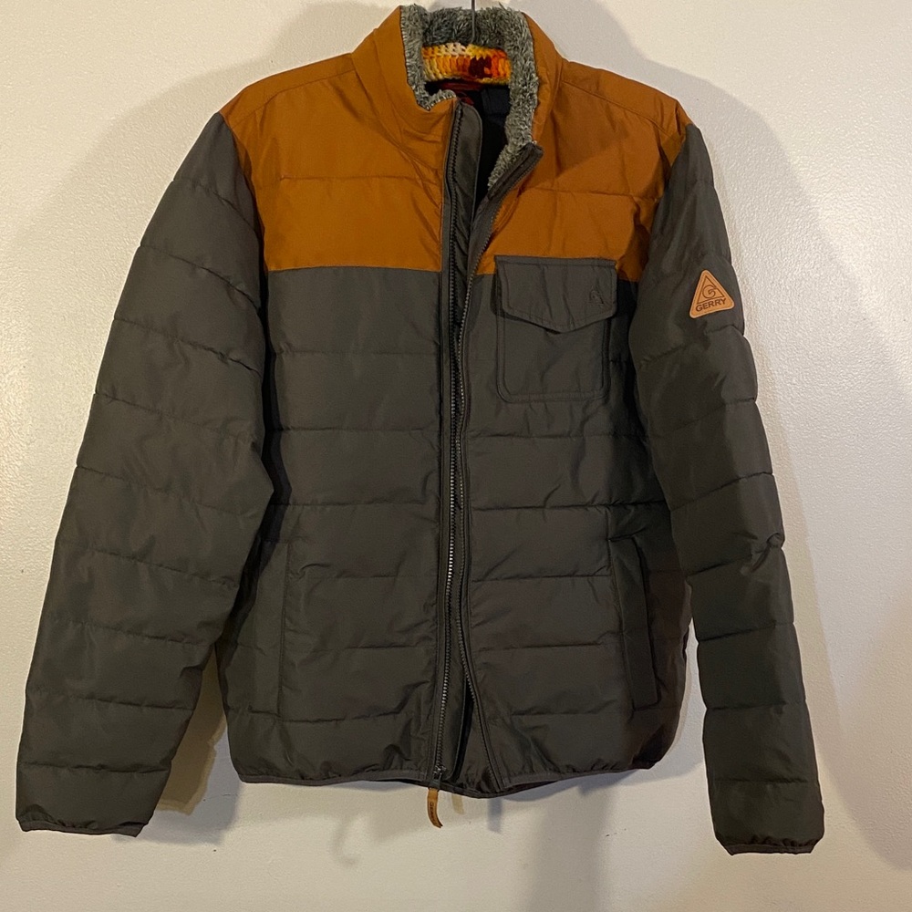 Men's Two-Tone Puffer Jacket in Olive Green with Rust Yoke